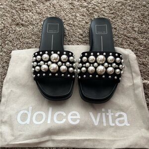Dolce Vita Black Pearl & Stud Embellished Slide Mules